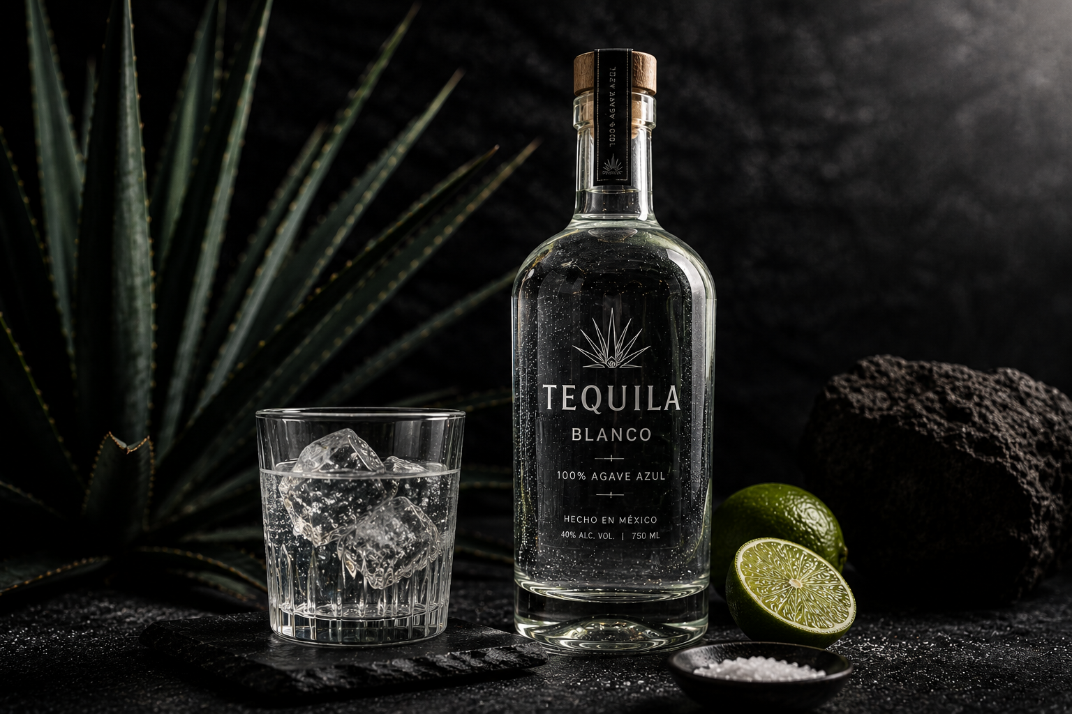 Tequila blanco em garrafa, copo e agave