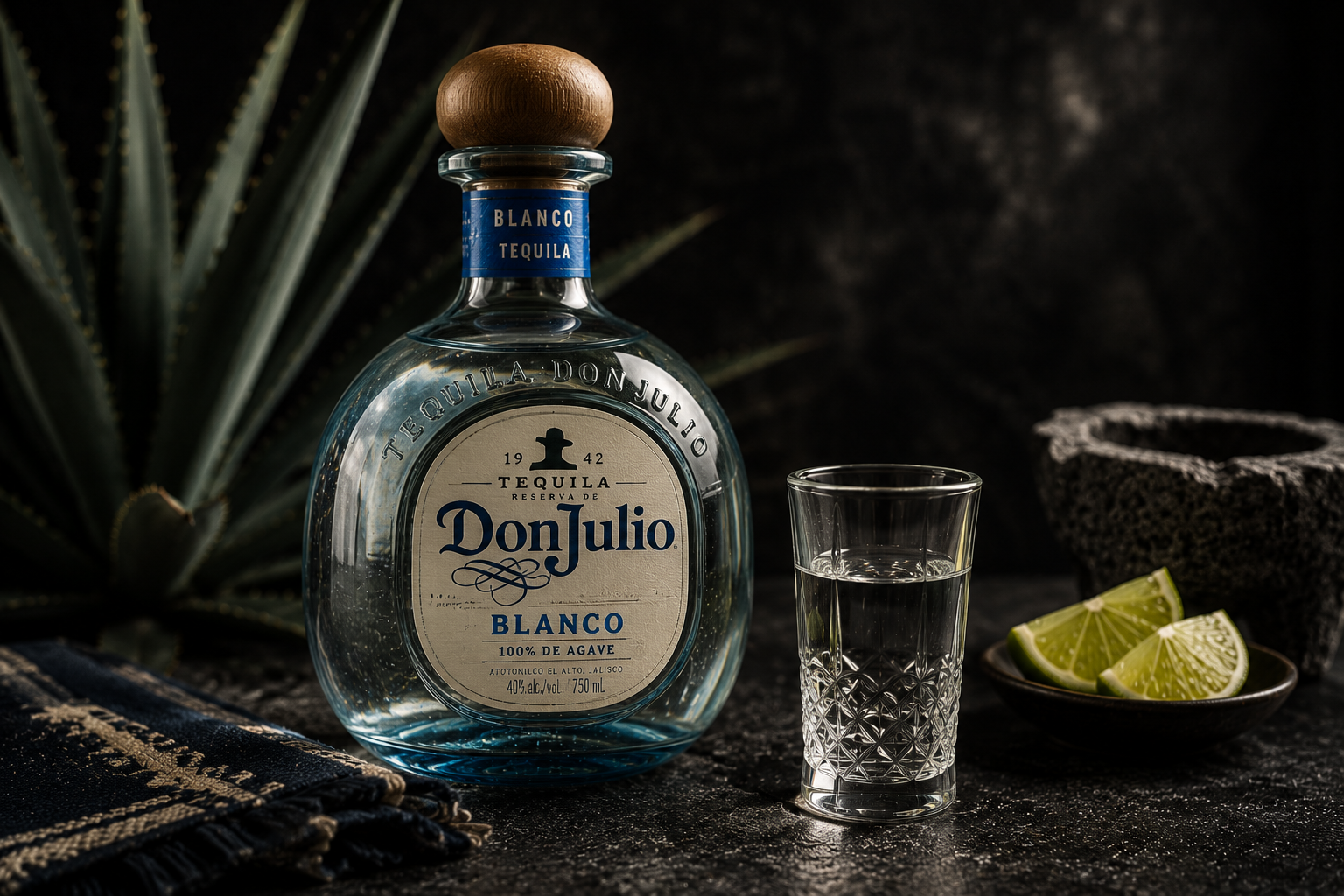 Don Julio Blanco com copo e agave
